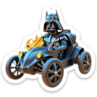Mad max survival apocalypse ghostly sporty Darth Vader’s Batman-armored 1886 black graphite colored school buggy with horizontal holographic flames painted on the body sides and neon under glow  sticker
