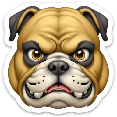 Create a fierce bulldog head emoji facing forward.
Strong jaw, deep wrinkles, and an intense scowl.
slight underbite with two visible fangs.
Blk & Gold gray fur with bold highlights and shading for depth.
Add a thick spiked collar (red or black) with shiny metallic spikes.
 sticker