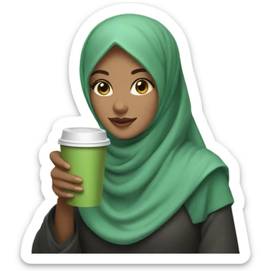 A girl in a hijab with a fair face and brown eyes holds matcha coffee in her hands sticker