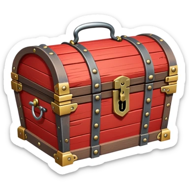 A red wooden treasure chest from an RPG, with metal hinges and a lock sticker