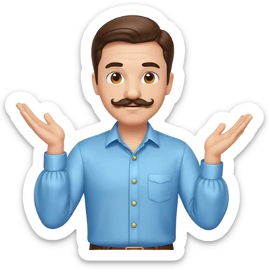 fun emoji character, shiny slicked back brown hair, handlebar mustache, light blue shirt with big puffed sleeves, cheeky deadpan look, one hand on hip, other hand forward dance pose sticker