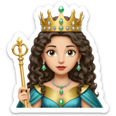 Queen with long dark curly hair, dark brown eyes, light olive skin tone sticker