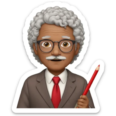 old man teacher, brown skin, curly grey white hai, wearing glasses, brown suit, red tie hold chalk on hand sticker