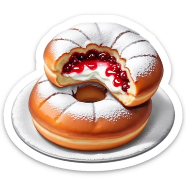 Pączki with powdered sugar on top and a bite taken out showing red filling sticker