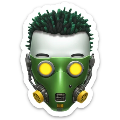 Green skin cyborg head with dark yellow Mohawk, white respirator mask and circuitry sticker