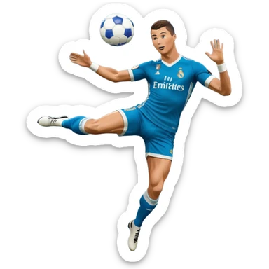 Ronaldo doing a bicycle kick with football in mid air While wearing a Retro blue Real madrid kit and yes i want it to be exactly the same as he Scored it in 2018 vs Juventus  sticker