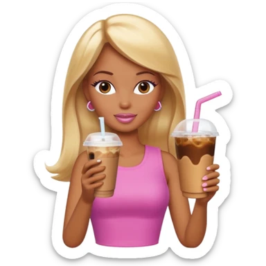 Brown skin blonde hair Barbie drinking iced coffee sticker