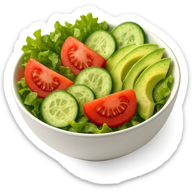 vibrant salad with lettuce, tomato, cucumber, and avocado slices in a minimalist white bowl, emphasis on freshness and color sticker