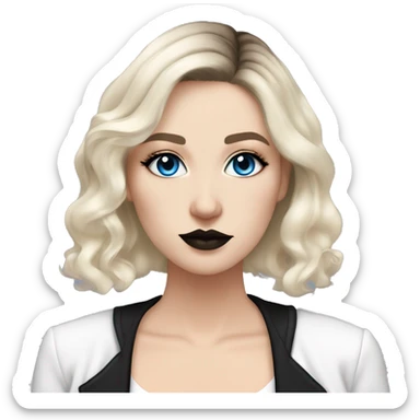Slavic adult woman, goth eyes makeup, pink lips, blue eyes, medium bob black-to-blonde ombre wavy hair, white T-shirt and black office jacket. sticker