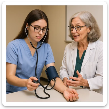 A student practicing a healthcare skill, such as taking blood pressure, while a teacher provides feedback, clinical skills practice, medical education sticker