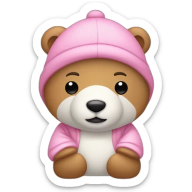 Un oso de peluche blanco con un pijama rosada y un gorro blanco y muy delgado sticker