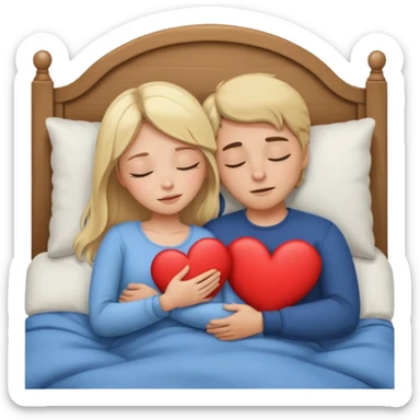 cuddling in bed, asleep. blonde girl. brunette man. eyes closed. heart between them. no headboard sticker
