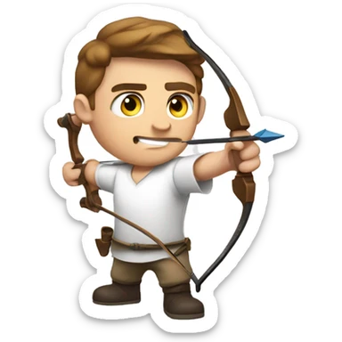 a male archer aiming with a bow looking at his target, wearing a white shirt, brown hair, bright skin, sticker