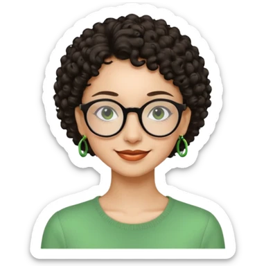 Very slim woman, light skin, short dark curly hair, black round glasses, green earrings, thin build, warm smiling face. Cartoon style. sticker