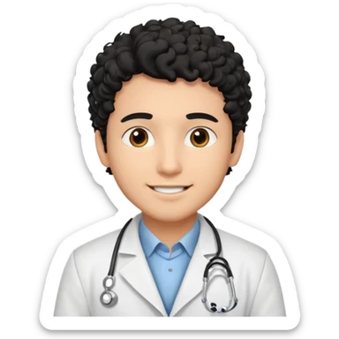a young male doctor with black  curly hair and cheerful face sticker