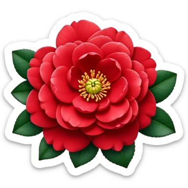Traditional red camellia japonica (tsubaki) flower with perfectly symmetrical layered petals and glossy dark green leaves sticker