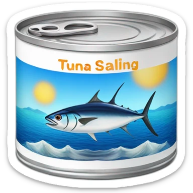 Realistic small can of tuna showing a blue sailling boat on a sea background sticker