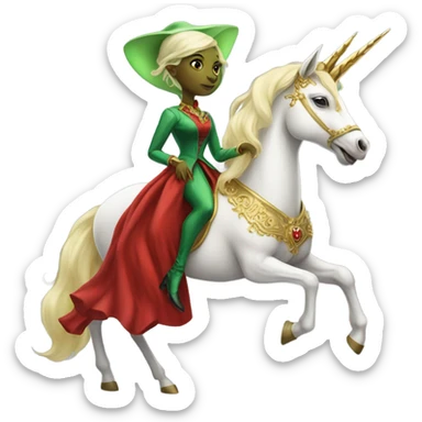 "galora green blonde alien woman" in red Victorian elegant dress, full body, rides unicorn gold and white surrounded by fire
 sticker