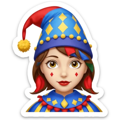 a girl with brown hair a blue and red jester hat with yellow pom pom's at the tip of the jester hat her eyes a patren of red and blue  sticker