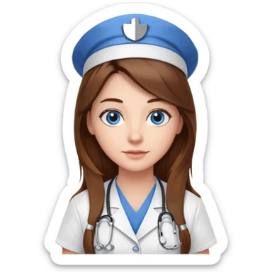 pretty female nursing student with long brown hair, blue eyes inside a classroom at university sticker