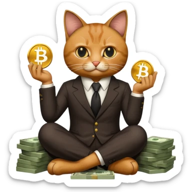 cat mafia corleone sitting on money, bitcoin BTC on hand sticker