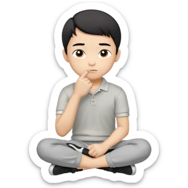 Cartoon Asian boy sitting cross-legged, clearly resting his closed fist against his cheek, looking thoughtful with a slight smirk. White polo, gray pants, black shoes, large eyes, short black hair. Clean vector style, flat colors, black background. sticker