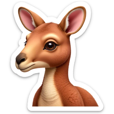 Cinematic Cute Adult Red Kangaroo Portrait Emoji, Head tilted playfully and inquisitively, showcasing a charming, robust build with soft reddish fur and a uniquely camel-like head featuring a gentle, elongated snout and rounded ears, with large, sparkling eyes full of wonder, Simplified yet irresistibly adorable features, highly detailed, glowing with a warm, friendly glow, high shine, affectionate and lively, stylized with a touch of outback whimsy, soft glowing outline, capturing the essence of a mischievous yet loving kangaroo that seems as if it could hop out of the screen into your arms! sticker