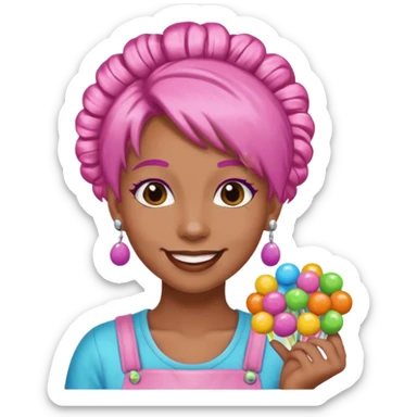 candy shop vendor, looking like candy with candy earrings and candy hair sticker