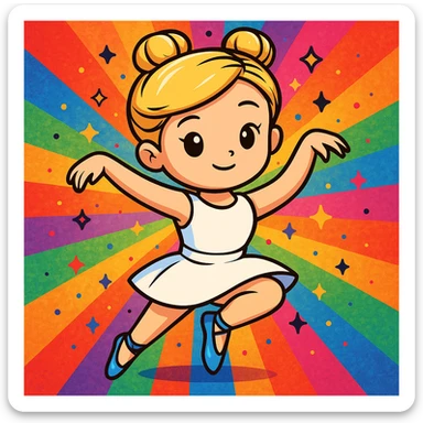 Add a vibrant, colorful background behind Dana Dawson in a dance pose, keep the original cartoon sticker style sticker
