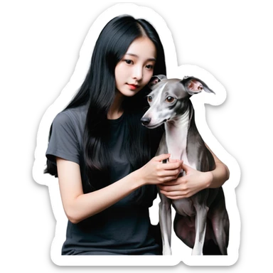 Slim Chinese girl with long black hair petting a completely solid dark grey Italian greyhound with absolutely no white anywhere on its body sticker