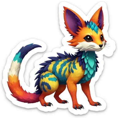 Rare realistic exotic edgy epic pretty beautiful handsome gorgeous aesthetic colorful vibrant Vernid-Trico-species-Fakemon-creature by LiLaiRa, 4 legs, 1 tail, random markings, tufted ears, (full body) sticker