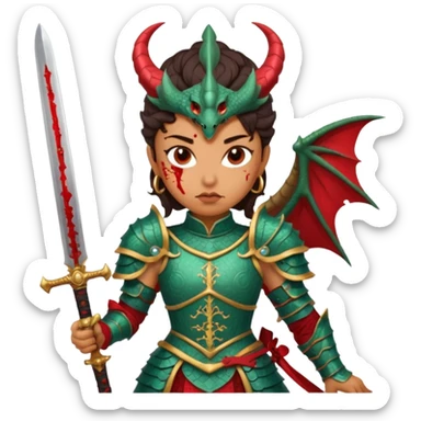 Fierce Latina in armor with a sword after a battle cutting off the head of a dragon sticker