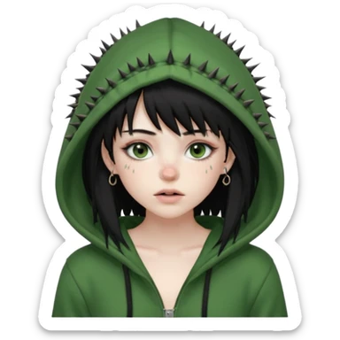 girl with black long layered hair with wispy bangs, pale skin, full body nude, freckles on nose, dark nude colored lipliner, fluffy lashes, green hooded eyes, black spiky septum ring, eyebrow piercing, blush, thin black eyebrows, nude, sexy body, ass and boobs sticker