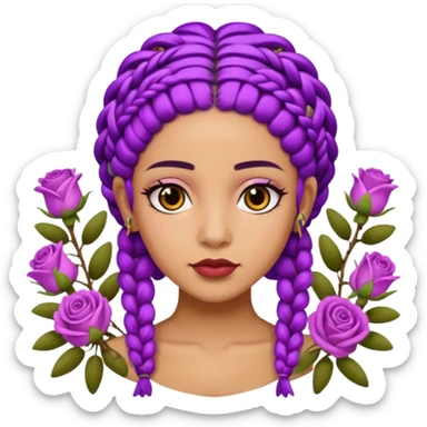 Olive skin queen with purple braids, brown eyes surrounded by roses sticker