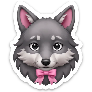 Pleading sad Face cute dark grey wolf with a pink ribbon on his ear head sticker