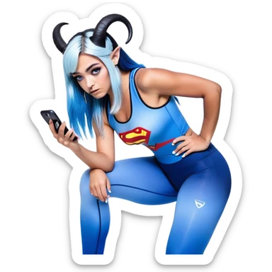 Disapponted-big tears-head back texting on phone-very very large upper body-sexy face-bending forward at waist-very long very straight dark blue to light blue ombre hair-and-blue eyes-thick black eyeliner-cute goat horns-iridescent blue lowcut tanktop with black leggings with glitter superman logo sticker