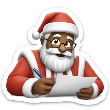 Father Christmas is sitting on a desk, writing something down on a sheet of paper, solving complicated math puzzles  sticker