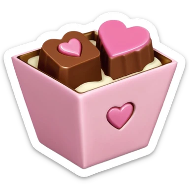 Two square milk chocolate 2 pralines only, Each praline is a sharp-edged cube with smooth glossy chocolate coating, placed in a small white fluted paper candy cup. On top of each cube is a flat pastel pink heart-shaped icing, thin and smooth, slightly translucent, with fine sugar crystal sparkle. sticker