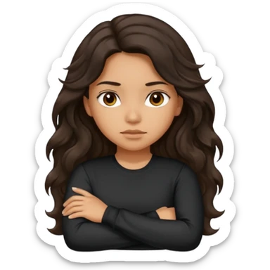 Hispanic girl with dark long wavy hair crossing her arms with slight pout wearing a black long sleeve shirt sticker