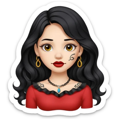 I want to create a female emoji with long black wavy hair and collar bone tattoo that says “me before you” and she has her nose pierced and black lip stick sticker