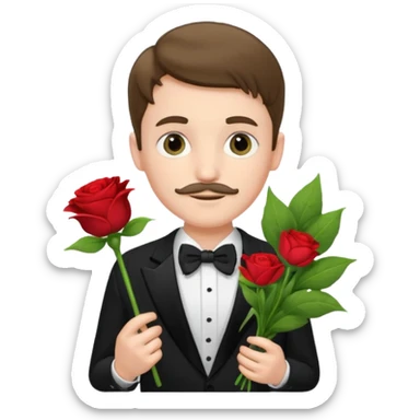 generate an ios genmoji of a 20 year old fair boy with very few and faint mustache hair. should look like he cant grow a mustache., carrying a flower bouquet, wearing a tux sticker