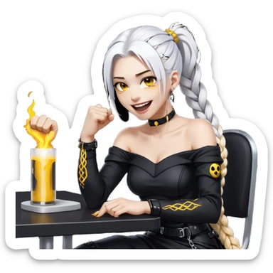 ghibli style, she is laughing outrageously and pounding her fist on the table, a closeup portrait of young woman with gold yellow eyes, white hair, long braid, black off-shoulder top, punk gothic style, futuristic cyberwave cyberpunk, sitting position
 sticker