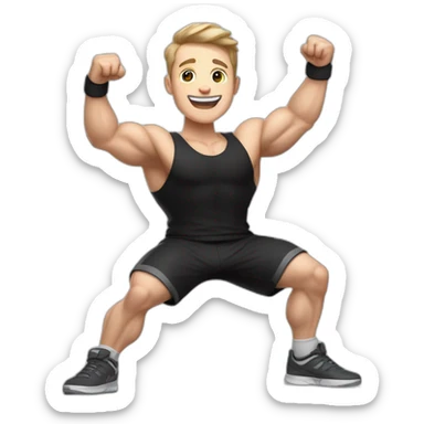 Joyful Celebrating victory Pale skinned Fit Man With the biceps and dark brown hair in black shirt, gray sports shorts and white Sneakers sticker