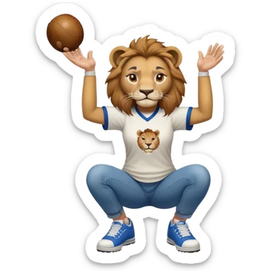 friendly anthropomorphised female lion wearing a baseball shirt, jeans, and trainers, in a squat position, empty hands sticker