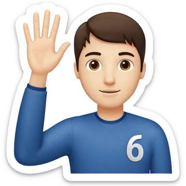 A guy with his left hand higher right lower left hand with a 6 on it right with a 7 sticker