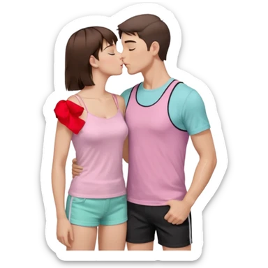 A couple, mid-20s, standing close and kissing. Man: short brown hair, clean-shaven, wearing a plain pastel pink t-shirt and dark shorts. His left arm is wrapped around the woman’s waist. Woman: long straight brown hair, wearing a black sleeveless glittery top with thin straps and a black skirt.  sticker