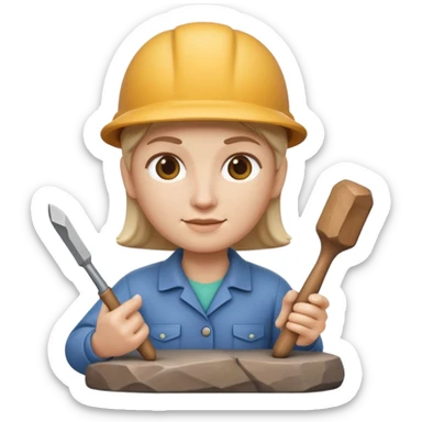 Apple Memoji-style 3D emoji of a sculptor with a small statue and chisel, smooth gradients, rounded edges, no background.during sculpting rock sticker