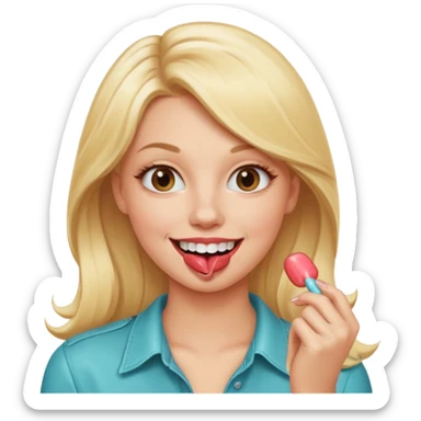 Elle fais une peu petasse, elle se mord le coin la lèvres. Elle est blonde. Ongles vernis marrons. Elle mâche un chewing-gum  sticker