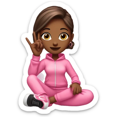 Girl emoji: pink tracksuit, hoop earrings, pink lips, lashes, nails. Poses: peace sign, nails, phone, arms crossed. full body stnding legs plus shoes sticker