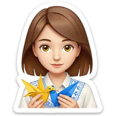 A happy Ukrainian young girl with brown hair in a white embroidered shirt making an origami crane in yellow and blue colors sticker